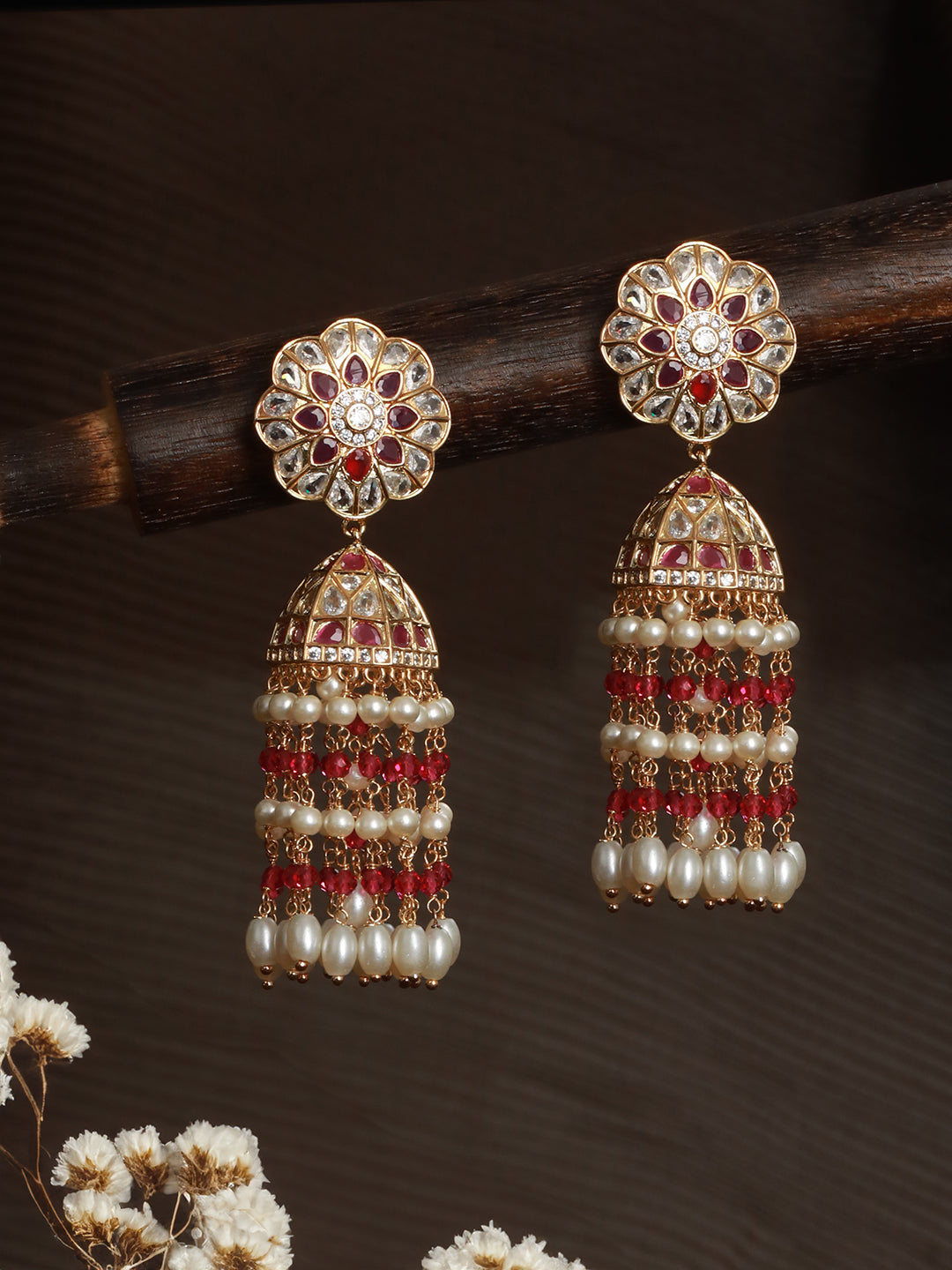 Gold Plated Red AD Pearl Beaded Contemporary Long  Jhumka Earrings